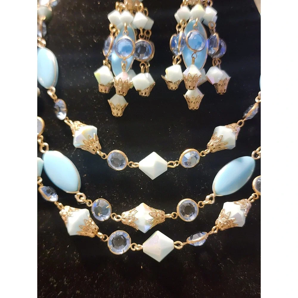 VTG Alice Caviness Blue Aurora Borealis 3 Strand Necklace Chandelier Earrings